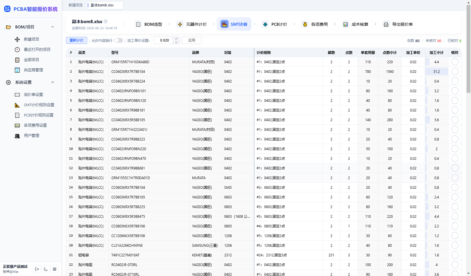PCBA智能报价系统 SMT计价界面 — 元器件封装识别与自动核算贴片加工成本
